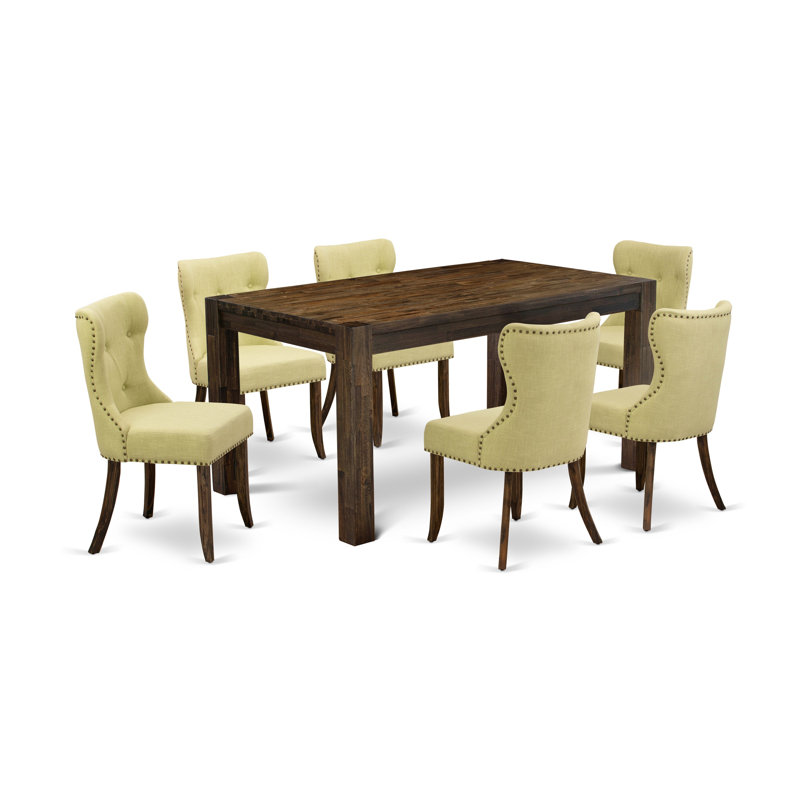 7 Piece Dining Set Consist of a Rectangle Rustic Wood Dining Room Table and 6 Limelight Linen Fabric Upholstered Parson Chairs, Distressed Jacobean