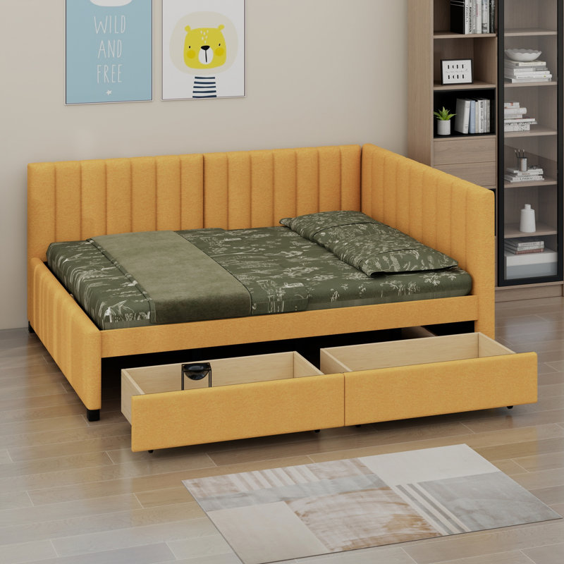 Modern Upholstered Daybed, 2 Drawers and Sofa Bed Frame, Ideal for Small Apartments, Yellow