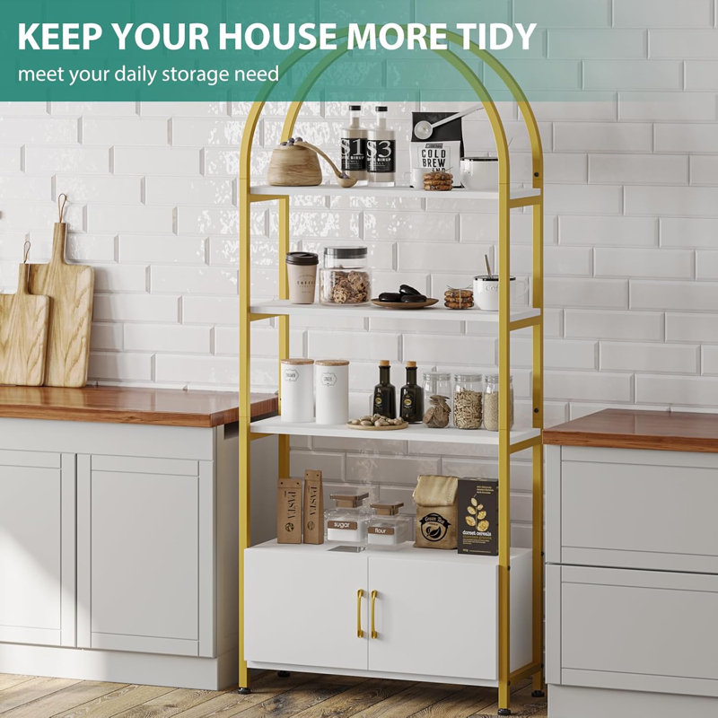 Arched Bookshelf, Bookcase With Doors Storage, Gold