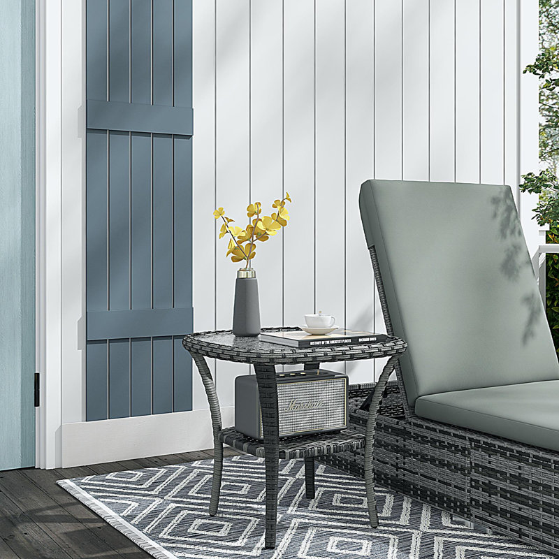 Table basse d'extérieur en osier avec tablette de rangement, table d'appoint en osier pour le jardin extérieur, balcon, cour arrière comme table basse, gris mélangé