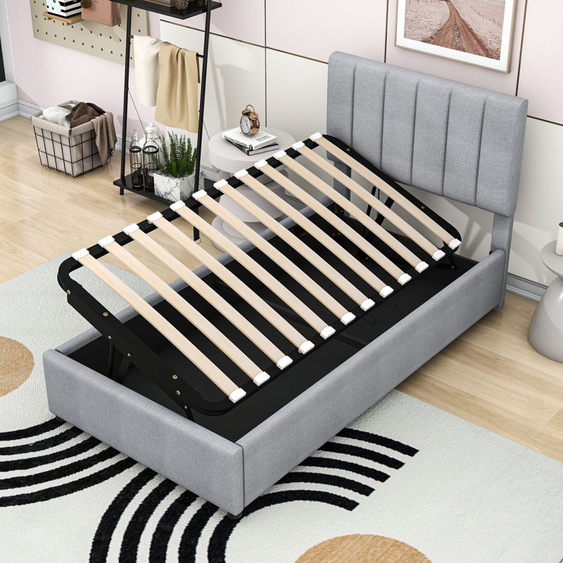 Lit plateforme simple tapissier avec système de rangement, gris