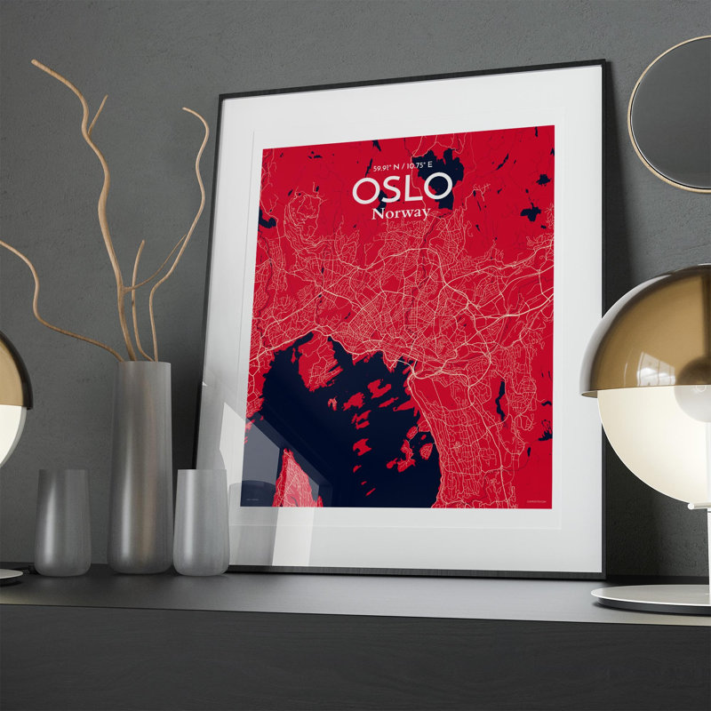Oslo, carte de la ville, impression, H 20 po x l 16 po, Rouge / bleu marine