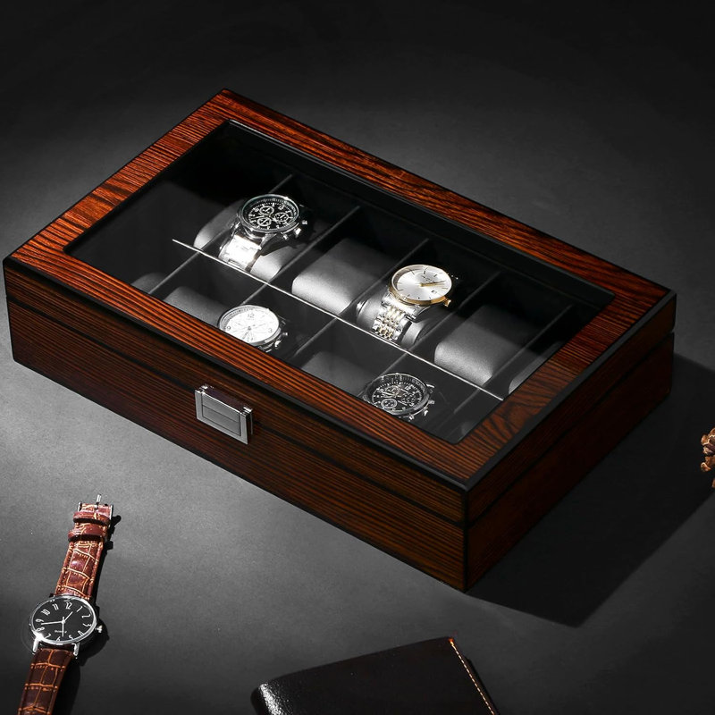Boîte à montre, boîte à montre à 12 fentes avec grand couvercle en verre, boîte à montre en bois