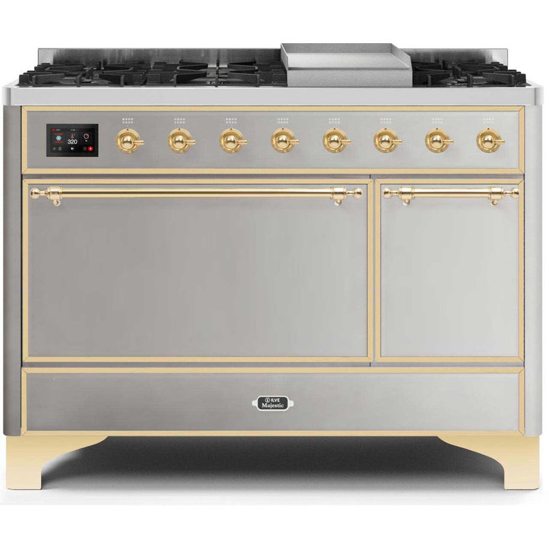 Cuisinière à double combustible de 48 pouces avec 8 brûleurs scellés et plaque chauffante ILVE Majestic II Series (porte pleine)