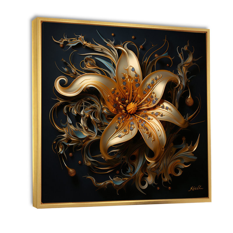 Impression sur toile Golden Lily Flower Glam On Black I, 24" H x 24" W, Cadre flottant doré