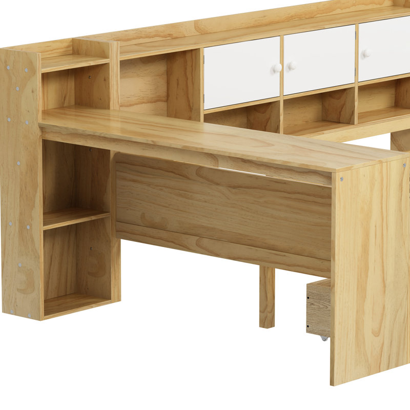 Lit de jour en L avec rangement pour une chambre à coucher moderne et pratique Bureau polyvalent spacieux, Naturel / Blanc