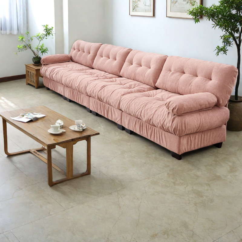Spacious 4 Seat Sectionals, Wood Frame Modern Pink Sofa For Home