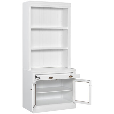 83,3 po de hauteur, blanc, bibliothèque, lumières à DEL, tiroirs, portes en verre, tablettes ouvertes, rangement pour bureau personnel,