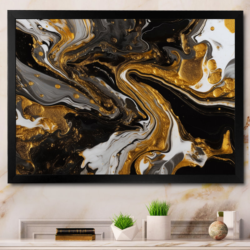 Or noir marbré Dreamscape II sur impression sur toile, Cadre simple noir, H 12 po x l 20 po x P 1 po