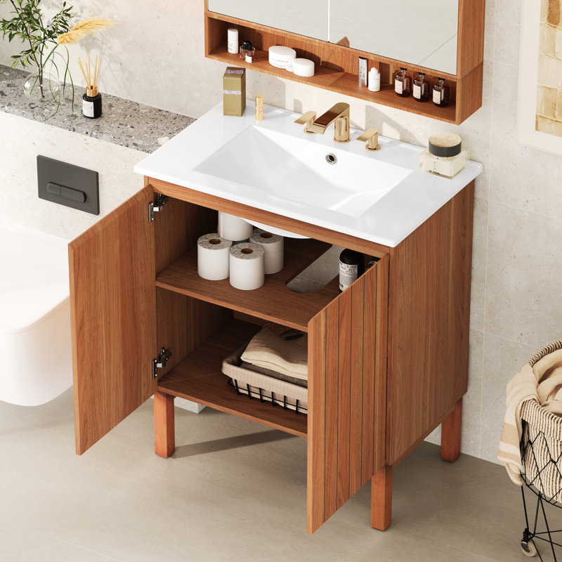 Meuble-lavabo moderne 30 po, lavabo en céramique, 45 degrés, attrait minimaliste rétro, meuble-lavabo naturel avec lavabo, conception à 45 degrés, optimisation de l'espace pour les meubles