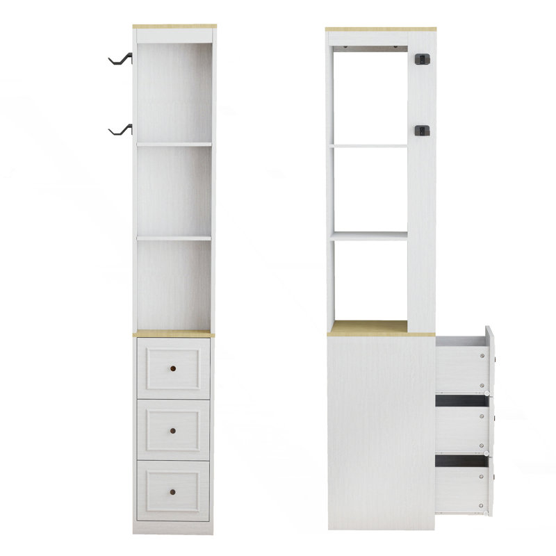 Armoire de rangement mince, 3 niveaux avec 3 tiroirs et 2 crochets