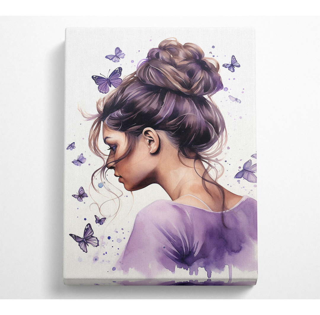 Girl With Bun Lilac Butterflies - Leinwandbilder auf Leinwand