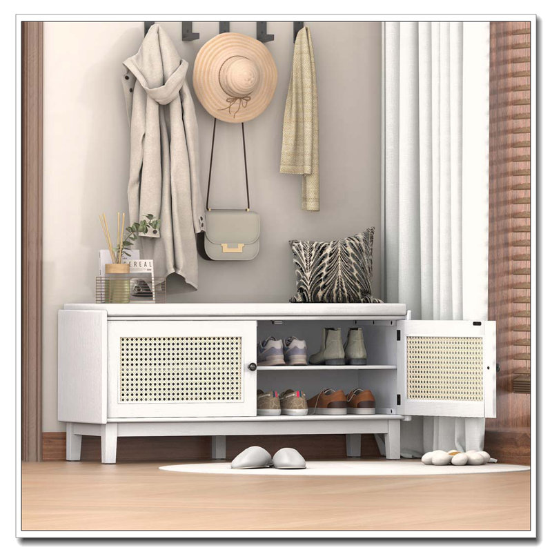 Boho Rattan Entryway Storage Bench with Removable Cushion and Adjustable Shelves, White