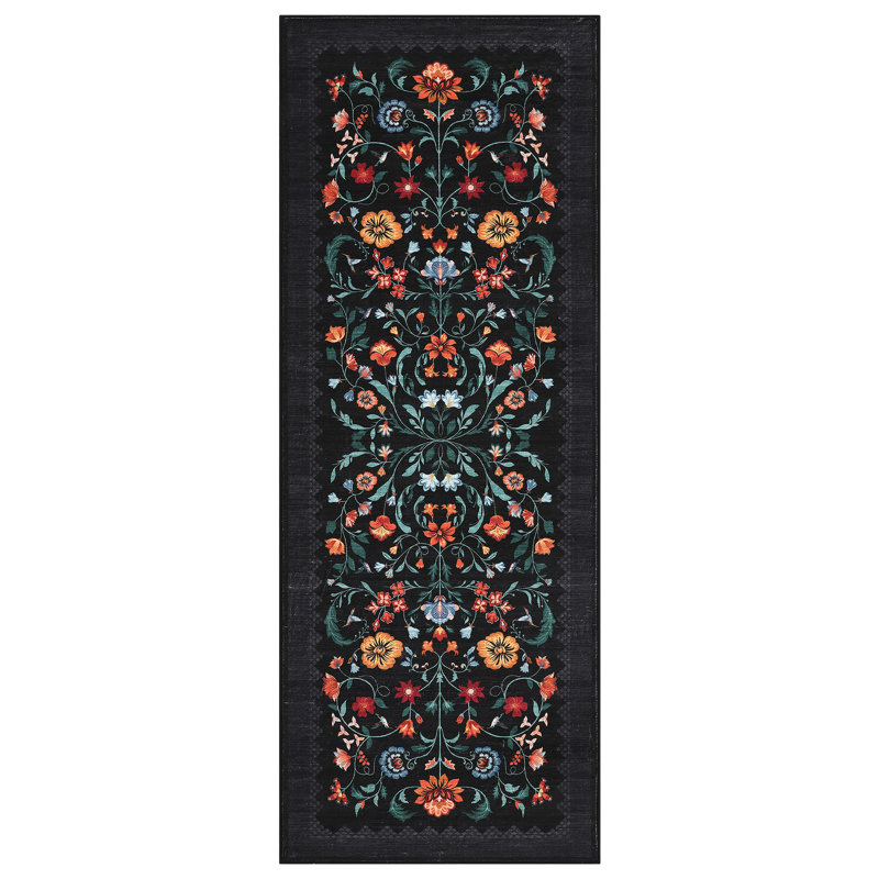 Floral Machine Washable Rug Non-Slip Farmhouse Floor Cover, Stain-Resistant Low Pile Indoor Carpet Mat for Living Room