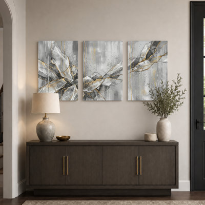Ensemble de 3 tableaux abstraits en marbre sur toile tendue, pour la décoration du salon et de la chambre.
