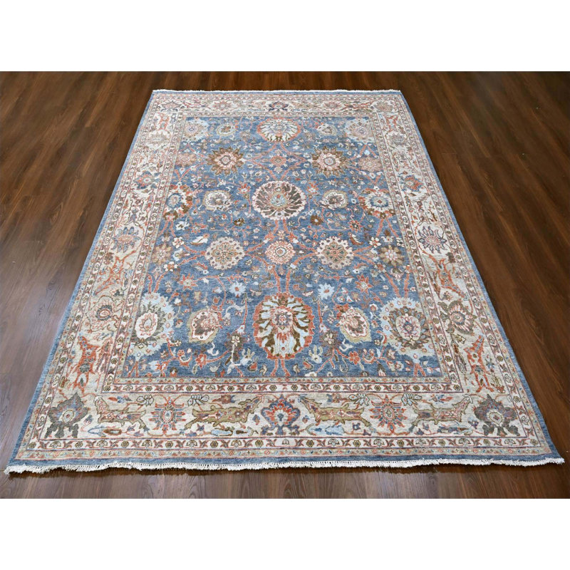 Tapis oriental noué à la main bleu antique de 7 pi 10 po x 9 pi 8 po de style Sultanabad, sans poils, rasé à ras du sol, vieilli, 100% laine