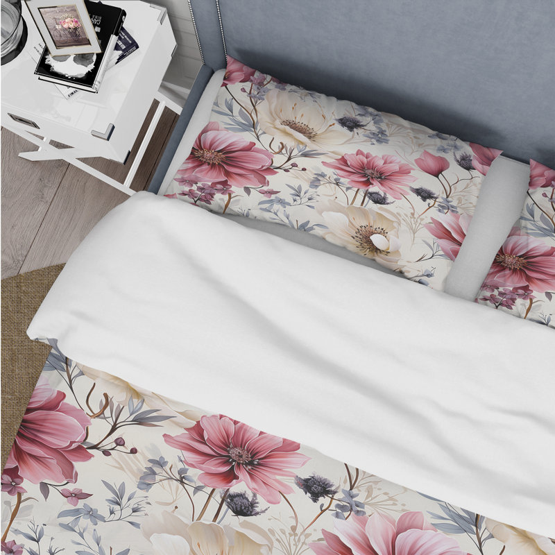 Ensemble de housse de couette rose et beige Wildflower Paradise I, Housse de couette pour grand lit et 2 taies décor