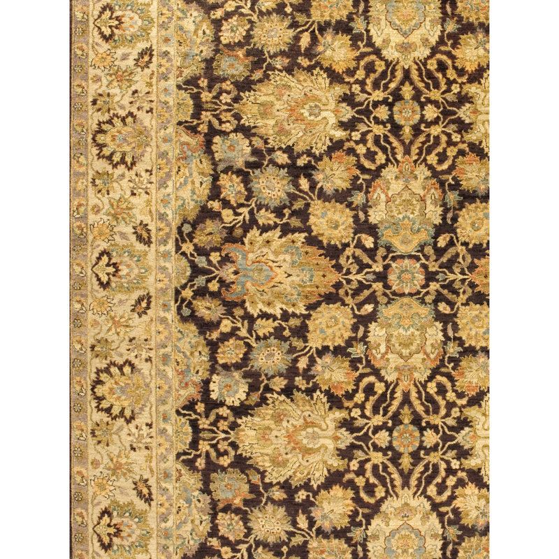 Tapis brun et doré de haute qualité noué à la main, Rectangle 6 pi x 9 pi
