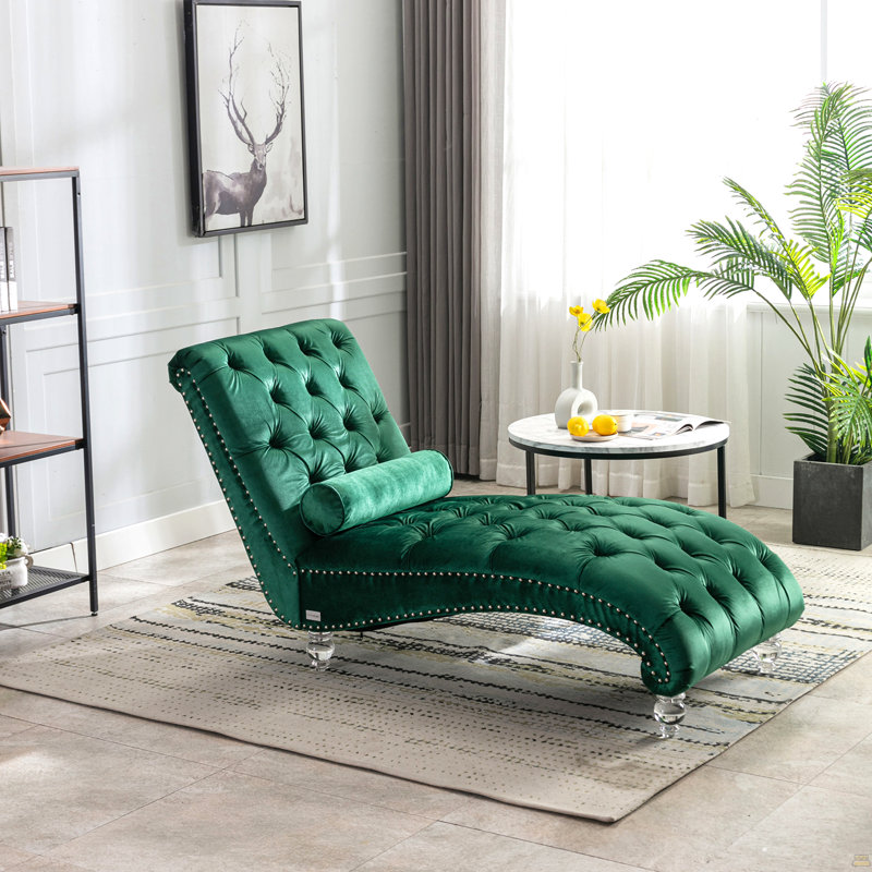 Chaise longue d'intérieur en velours capitonnée à boutons et rembourrée avec coussin pour le bureau de la chambre à coucher (velours émeraude)