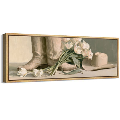 Neutral Boots Hat and Flowers Western Still Life Rustic Decor - Large Framed Canvas Master Bedroom Wall Art Print