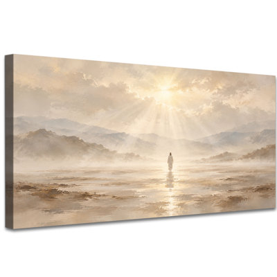 Tableau extra large représentant Jésus chrétien, figure solitaire dans une vallée montagneuse dorée, paysage aux tons neutres et doux pour le salon ou la chambre, toile tendue sur châssis, 61 x 122 cm