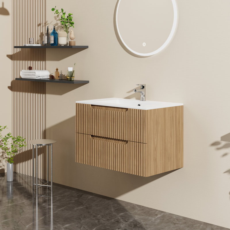 Meuble-lavabo flottant mural de 30 po, système de fermeture en douceur, couleur noyer, grands tiroirs, lavabo en céramique inclus, meuble-lavabo de 30 po avec design, finition, rangement pour serviettes