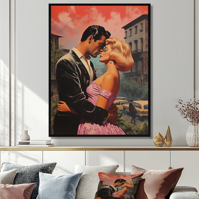 Film rétro couple coucher de soleil rouge en milieu urbain - Couple, art mural, Toile avec cadre flottant noir