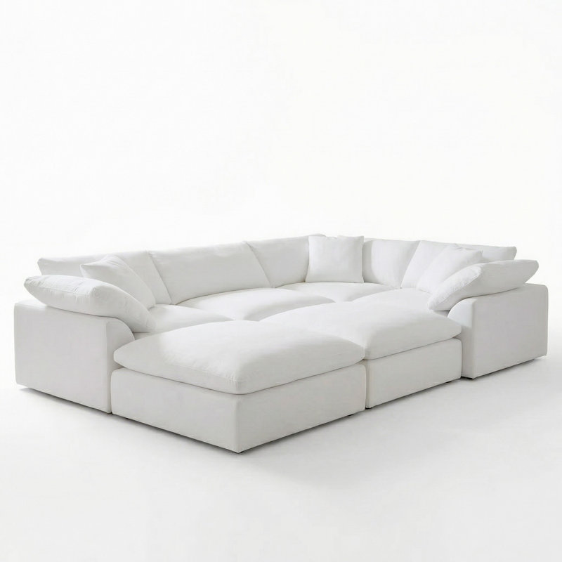 Mielke  Cloud-Inspired 132" 6 Piece Oversized Deep Lounge Slipcovered Modular Corner Sectional with 2 Ottomans | Performance Fabric Washable Water-Resistant Stain-Proof | Deep-Seating Down-Filled Couch | Plush Cushions, Modern Design 