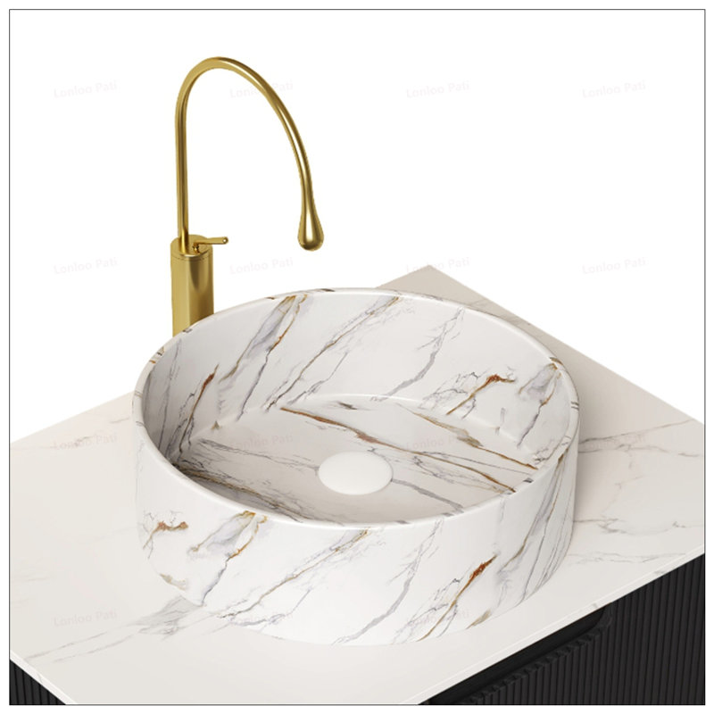 14 Inch Round Vessel Ceramic Sink with Stone Pattern, Durable and Stain-Resistant for Modern Bathrooms, White