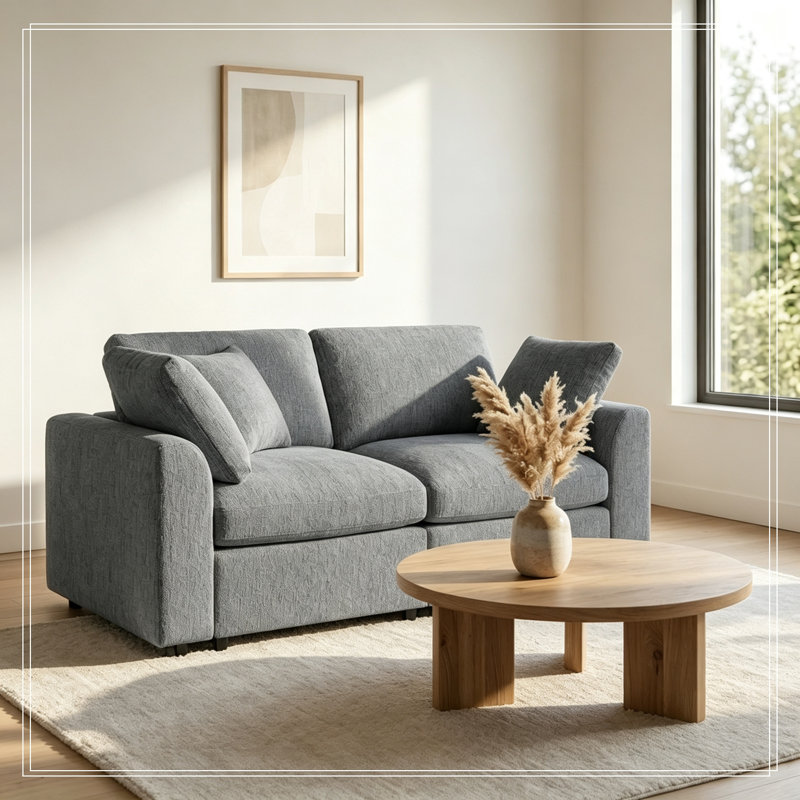 Causeuse en chenille avec structure en bois et coussin décoratif, Gris