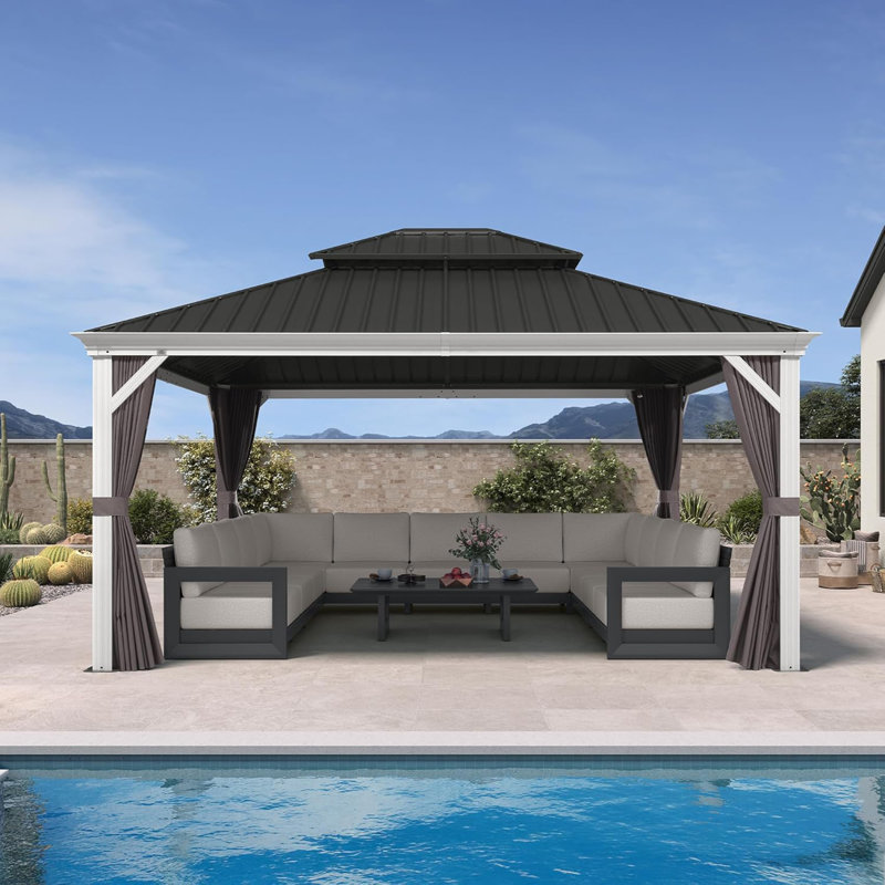 PURPLE LEAF 13' X 15' Hardtop Gazebo With Double Galvanized Steel Roof Awning And Upgrade Curtain For Patio Lawn And Garden, Grey