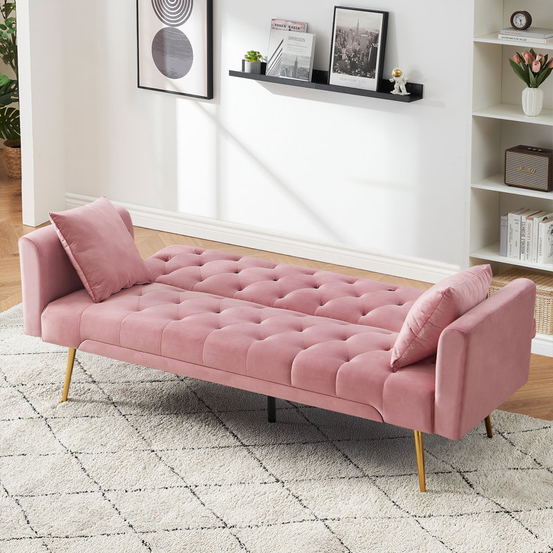 Futon Sofa Convertible Velvet Loveseat Sleeper Sofa Couch for Bedroom Living Room Office, Pink