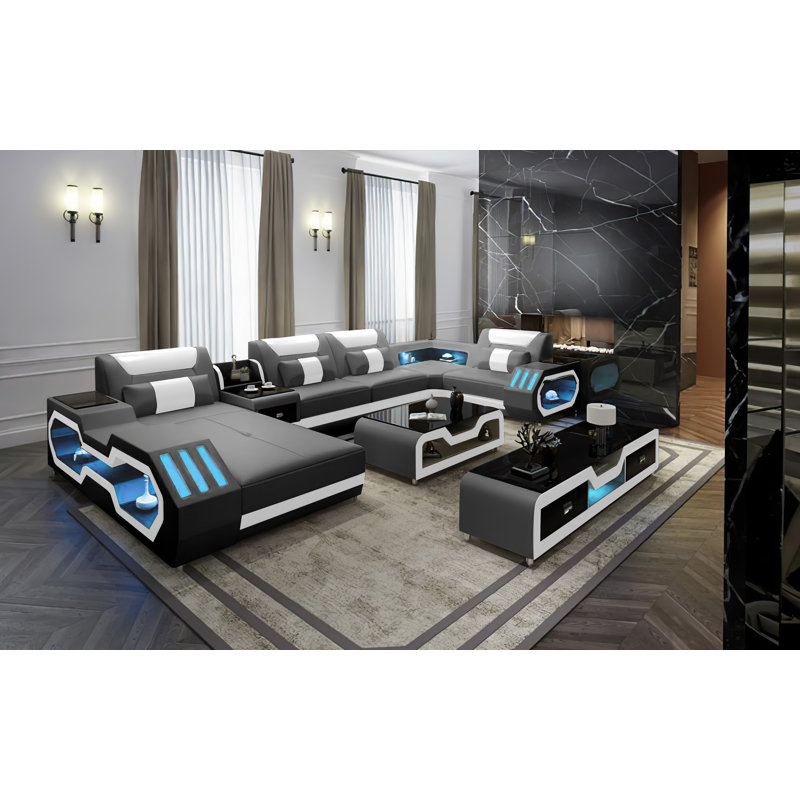 Arcadius Upholstered U-Shaped Sectional, Left Hand Facing, Dark Gray/White Leather