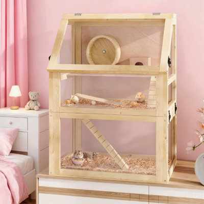 Cage à hamster en bois à 3 niveaux avec fond amovible