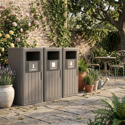 Poubelle d'extérieur 63 gallons triple style grain de bois avec triple couvercle