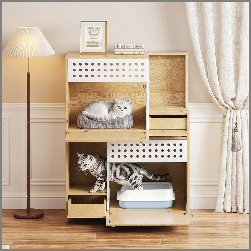 Meuble pour chat moderne 2 en 1, table d'appoint pour litière pour chat, maison pour chat avec rangement, pour 2 petits et moyens chats - Naturel
