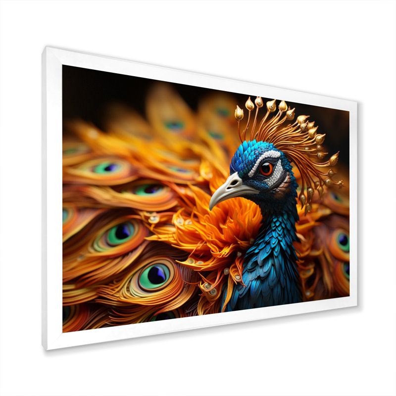 Gros plan sur un paon - animaux, impressions sur toile, H 34 po x l 44 po x P 1,5 po, Cadre photo blanc