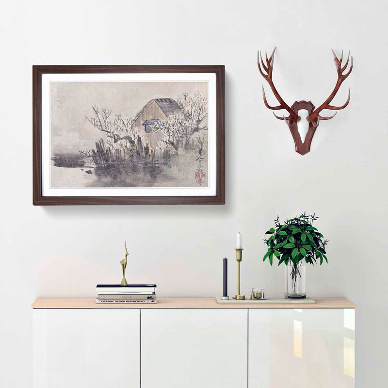 Hut by the Lake by Shibata Zeshin - Picture Frame Art Print, 36cm H x 48cm W x 2cm D, Walnut Framed