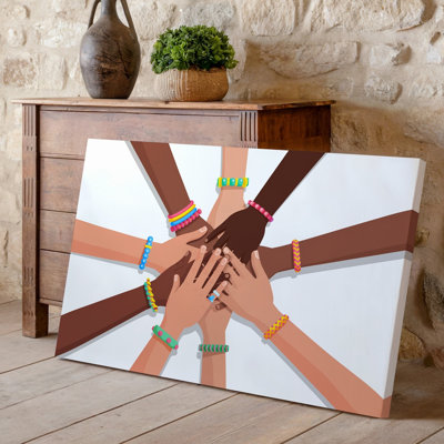Toile, "Vibrant Top Down View of Diverse Hands Coming Together", art mural dans un cercle symbolisant l'unité et la collaboration