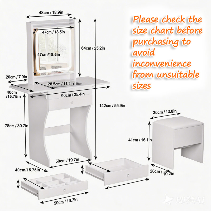 Ensemble de meuble-lavabo pour petite chambre à coucher, meuble-lavabo pour petit espace avec miroir DEL, tabouret et tables d'appoint pliables