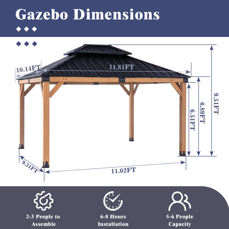 12 Ft. W X 10 Ft. D Cedar Wood Patio Gazebo With Double Metal Roof Hardtop Gazebo, Natural