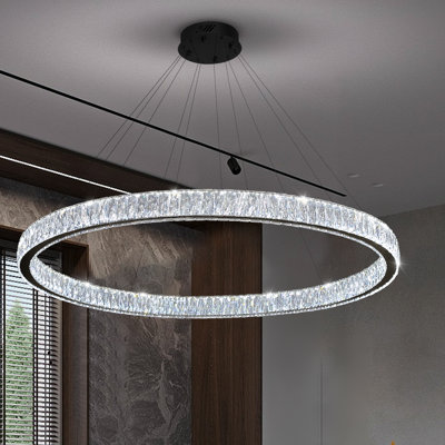 48in Large Ring Chandelier Dimmable LED Black Crystal Pendant Light Fixtures for Dining Room Living Room