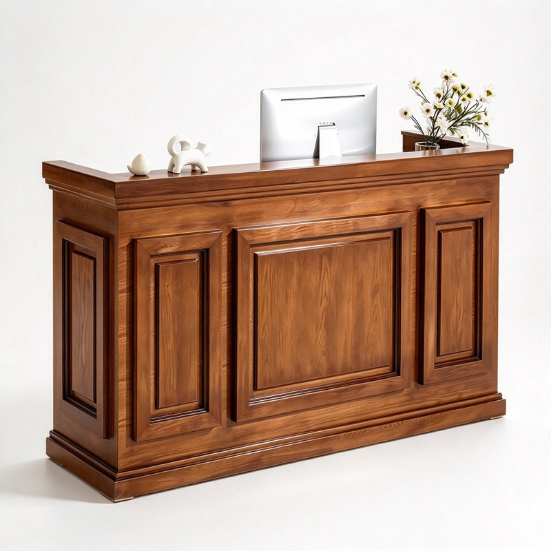 Bureau de réception traditionnel en bois massif, finition noyer foncé avec motif en relief