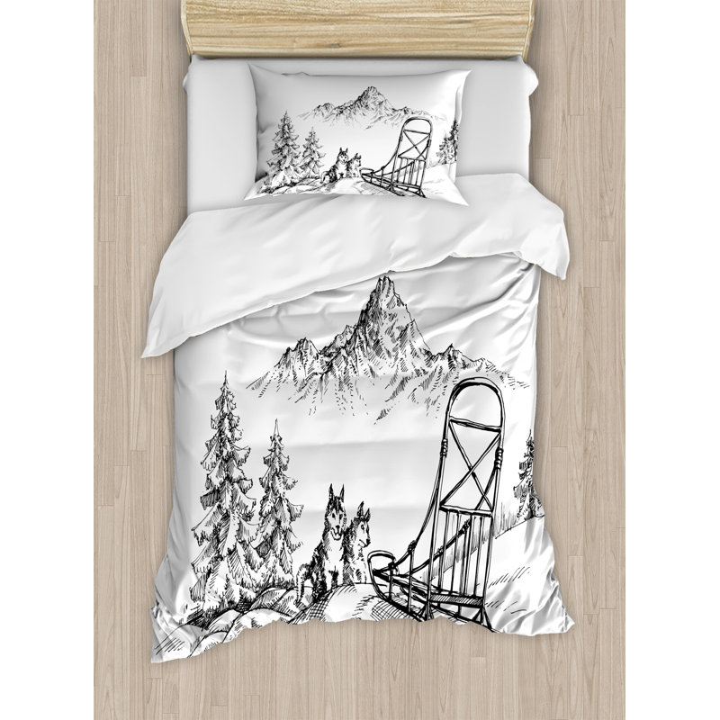 Twin Black and White Mountain Landscape Duvet Cover Set