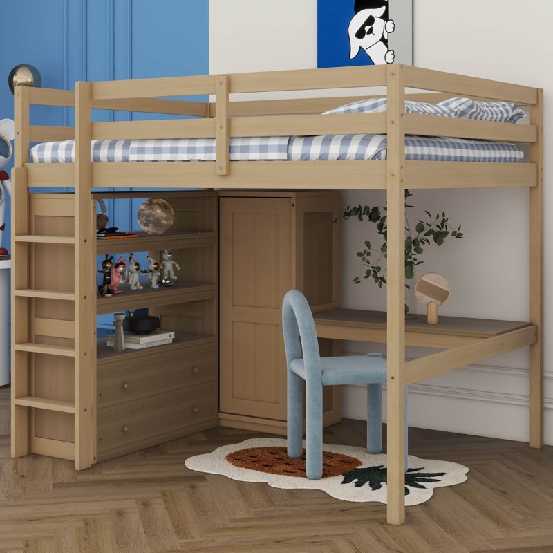 Lit mezzanine double en bois avec bureau, lit robuste avec garde-robe intégré, tablettes de rangement et tiroirs, Noyer