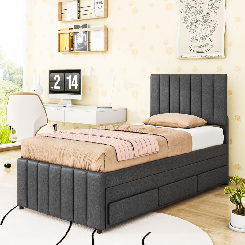 Lit plateforme tapissier avec lit gigogne et 3 tiroirs, gris, Simple
