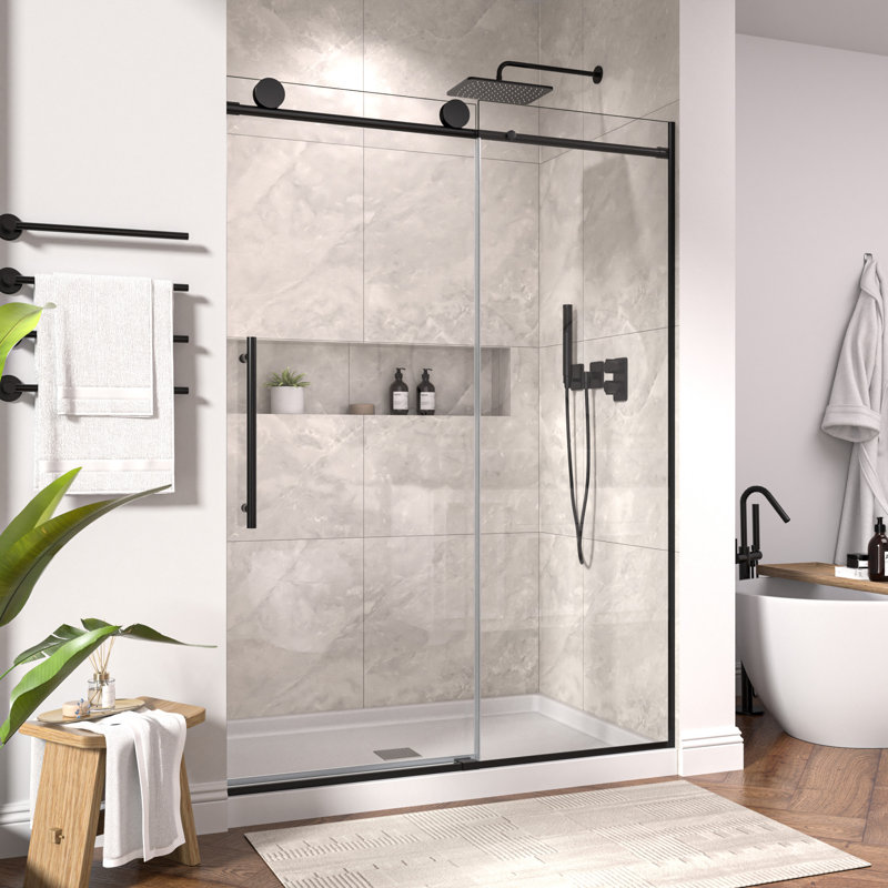 Mortix 54 po X P 74 po H Porte de douche coulissante simple sans cadre en noir mat avec transparent 5/16 po Verre