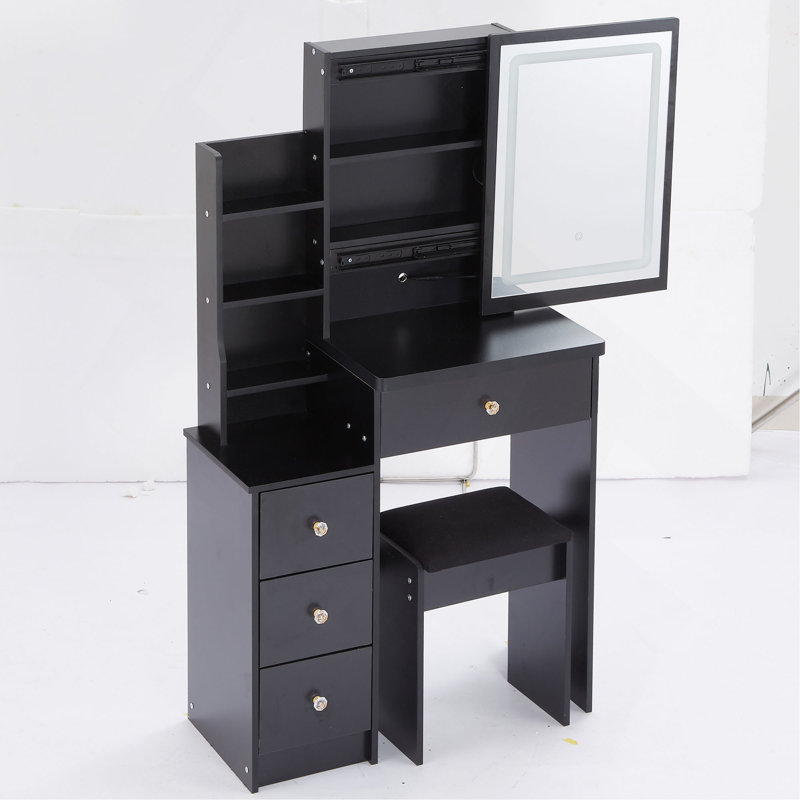 29.2" Small Size Left Bedside Cabinet Vanity Table + Cushioned Stool, Large Sliding, Touch Control, Tri-Color Switching, Brightness Adjust LED Mirror, High Capacity Storage, Suitable For Small Space