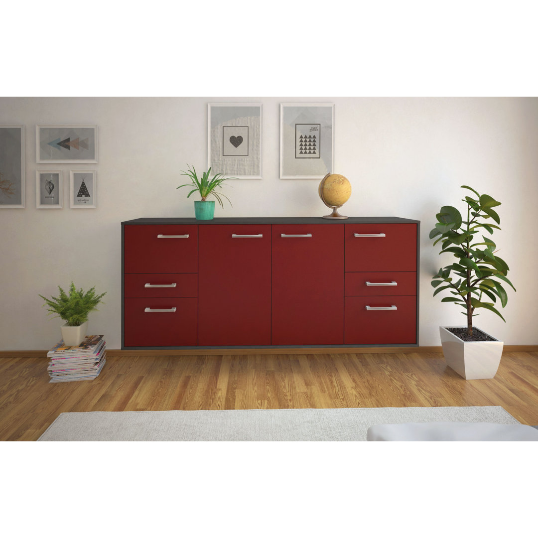 Sideboard Babrow, Farbe: Rot/Weiß, Fliegend/Metallgriffe, Größe: 180x79x35 cm