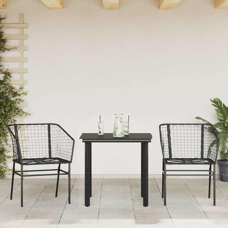 Patio Dining Set Poly Rattan Glass, Black, 29.1" H x 31.5" W x 31.5" L, 2